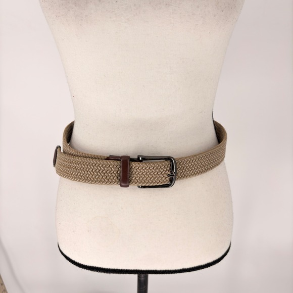 Original Penguin Woven Brown Belt Mens Small Stretch Leather Braided Belt Tan - Picture 1 of 7